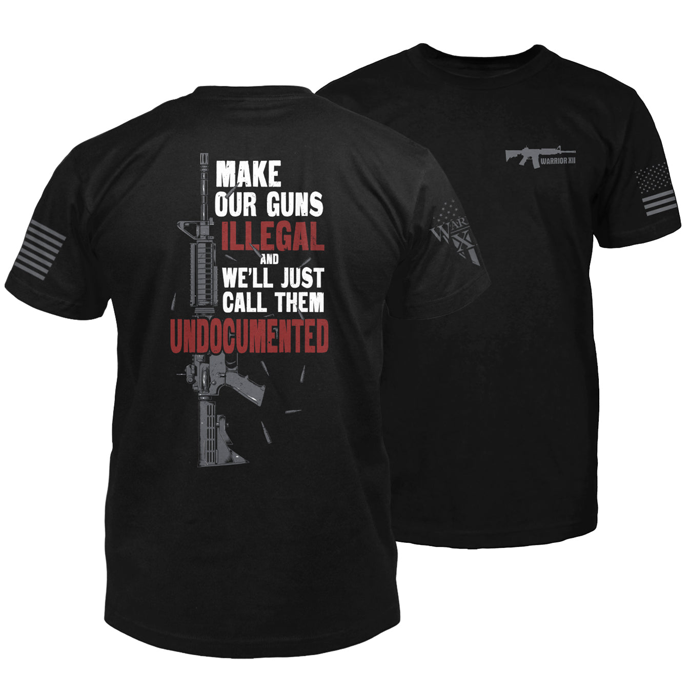 I Like My Guns is printed on a black t-shirt with the main design printed on the back and a small print on the front left chest.  This shirt features our brand logo on the right sleeve and the American Flag on the left sleeve.