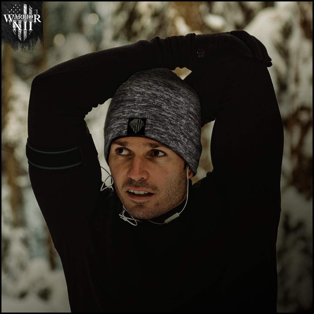 Stretching in style with our new Light Gray Microfleece Beanie.