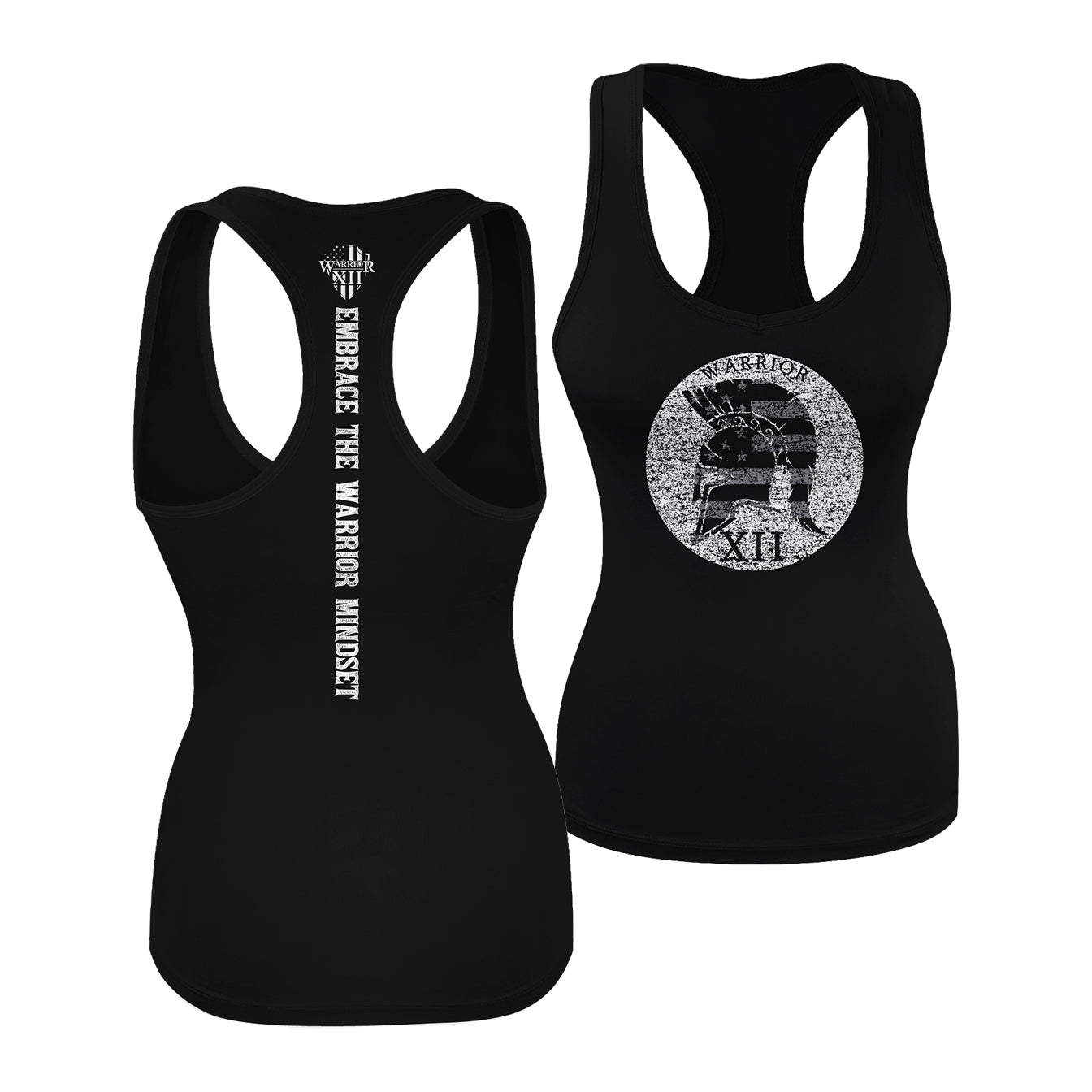 "Warrior Mindset" is printed on a black tank topt with the main design printed on the front and the back of this t-shirt has a vertical printing of the phrase "Embrace The Warrior Mindset."