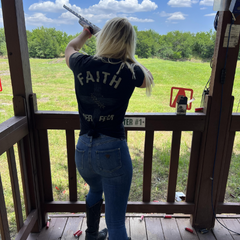 At the range with our Faith Over Fear T-Shirt.