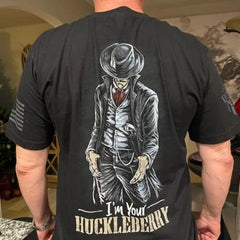 A proud warrior wearing our I'm Your Huckleberry T-Shirt.
