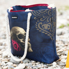 Rose Skull Navy Shoulder Beach Bag