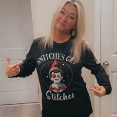 Verified Warrior representing her new long sleeve Snitches Get Stiches t-shirt.