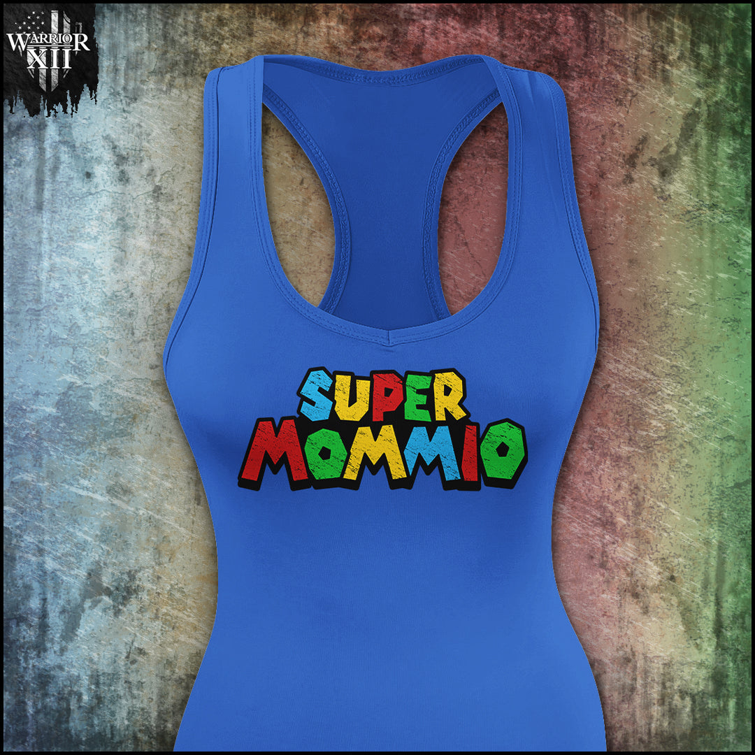 "Super mommio " is printed on a Blue t-shirt with the main design printed on the the front and the back of this t-shirt has no printing.