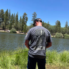 One of our loyal customers enjoying a day at the lake, wearing Until Valhalla.