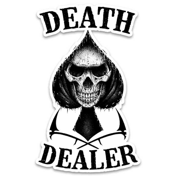A decal with the words "death dealer" with a reaper inside an ace of spades.