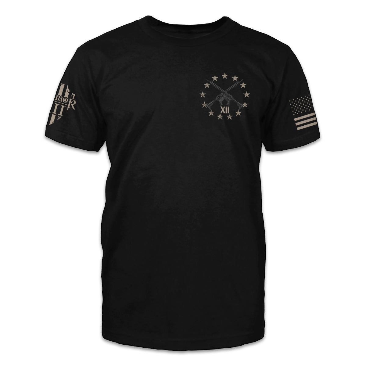 A black t-shirt with stars and guns on the front of the 1776% Sure shirt..