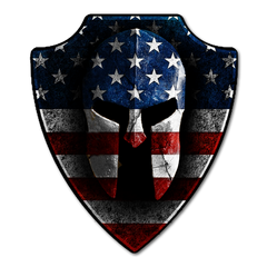 A darker American Spartan decal with a crest bearing a Spartan helmet with the American flag overlaying it.