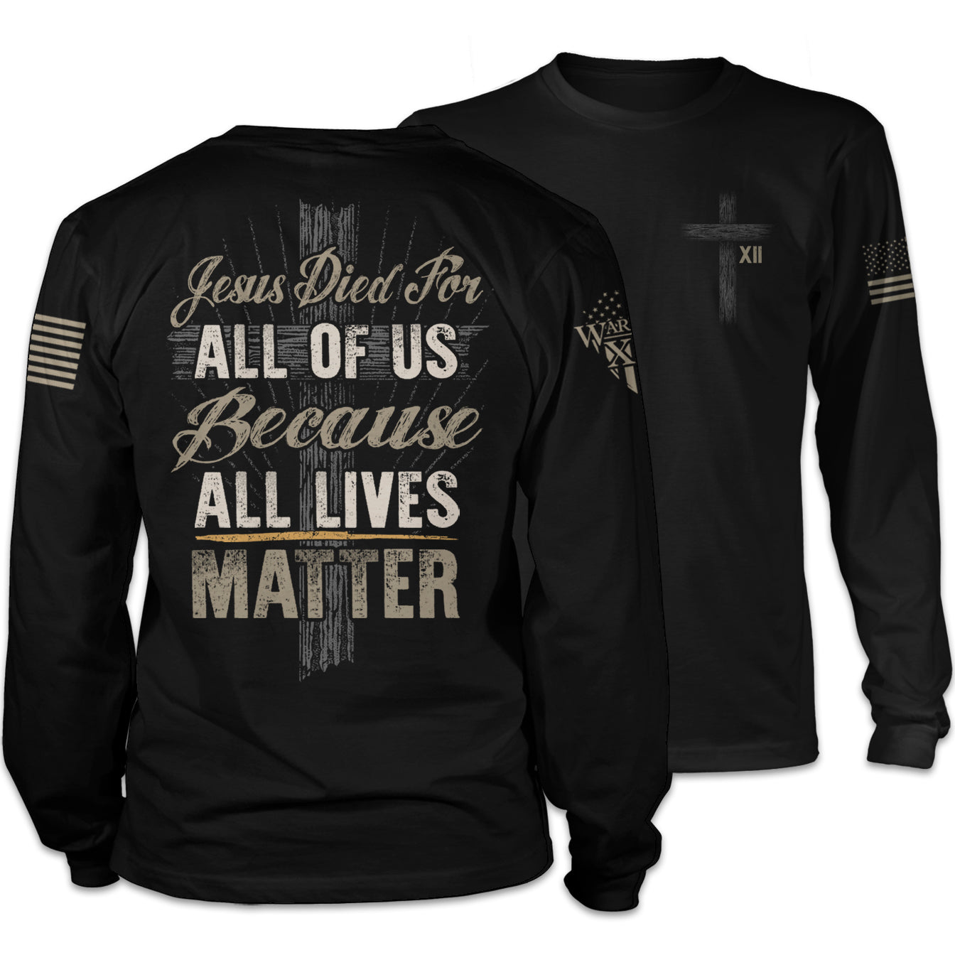 "All Lives Matter" is printed on a black long sleeve t-shirt with the main design printed on the back and a small print on the front left chest. This shirt features our brand logo on the right sleeve and the American Flag on the left sleeve.