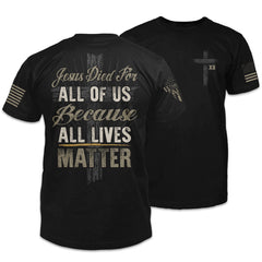 "All Lives Matter" is printed on a black t-shirt with the main design printed on the back and a small print on the front left chest. This shirt features our brand logo on the right sleeve and the American Flag on the left sleeve.