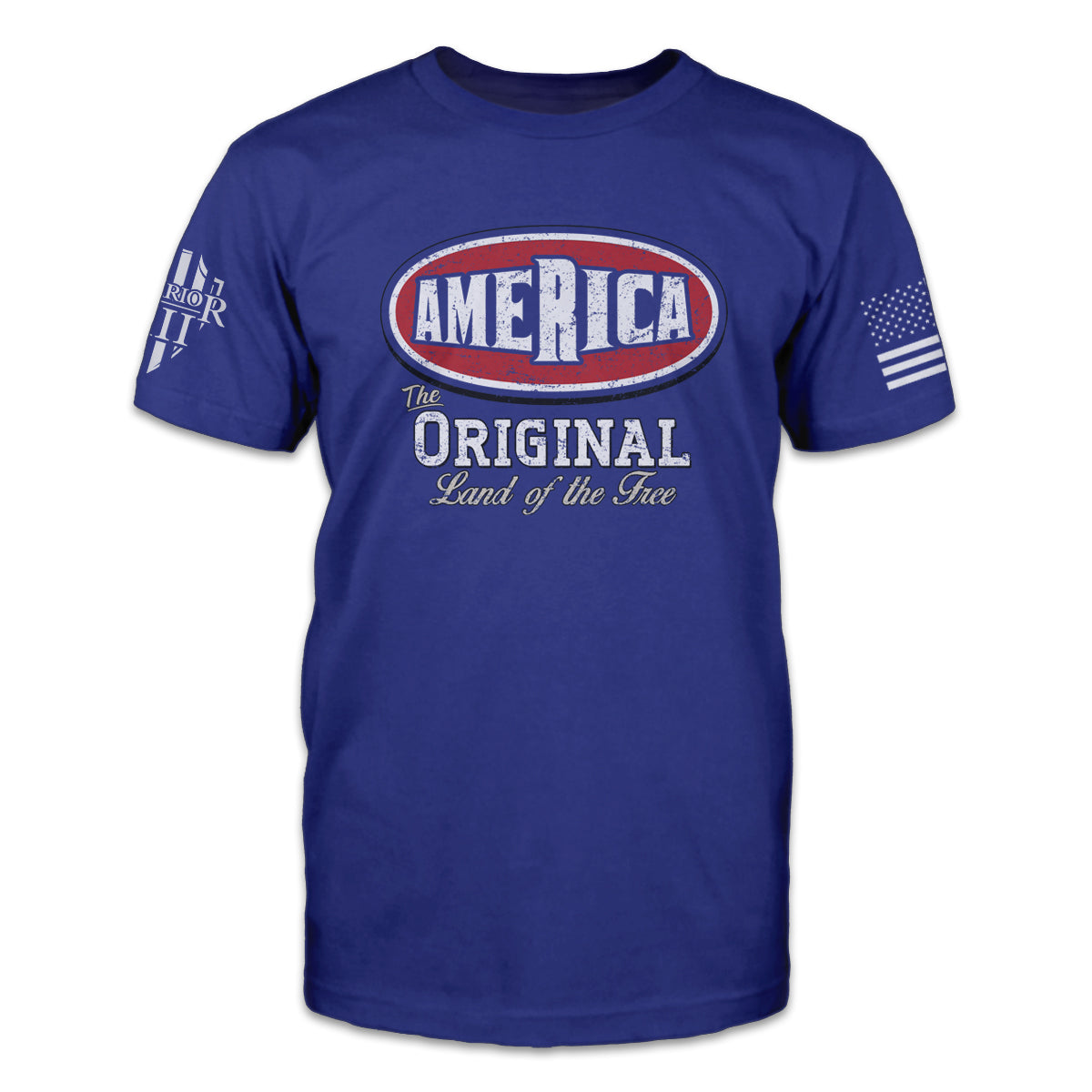 A blue t-shirt with "America - The Original Land Of The Free" printed on the front of the shirt. The back of this shirt has no printing. This shirt features our brand logo on the right sleeve and the American Flag on the left sleeve.