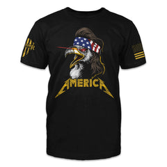 A black t-shirt with "America" and an USA eagle printed on the front of the shirt. The back of this shirt has no printing. This shirt features our brand logo on the right sleeve and the American Flag on the left sleeve.