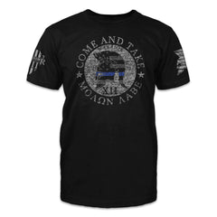 A black American Spartn t-shirt with the words "Come and Take" and spartan helmet thin blue line printed on the front of the shirt.