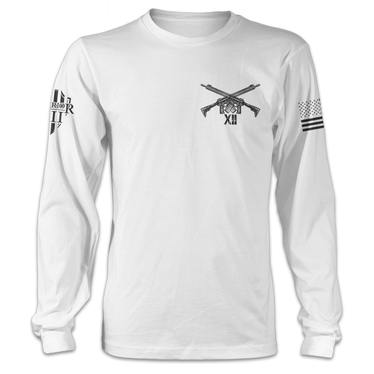 A white long sleeve shirt with two guns crossed over printed on the front of the shirt.