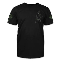 A black t-shirt with a set of bagpipes printed on the front.