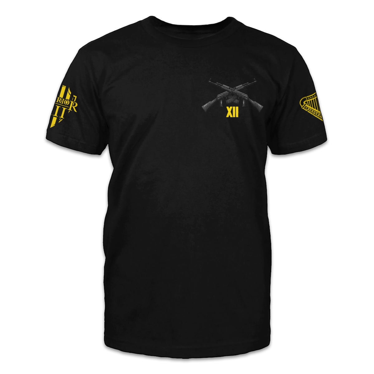 A black t-shirt with two guns crossed over with the roman numerals XII printed on the front of the shirt.