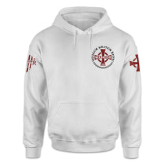 A white hoodie with the cross emblem printed on the front.