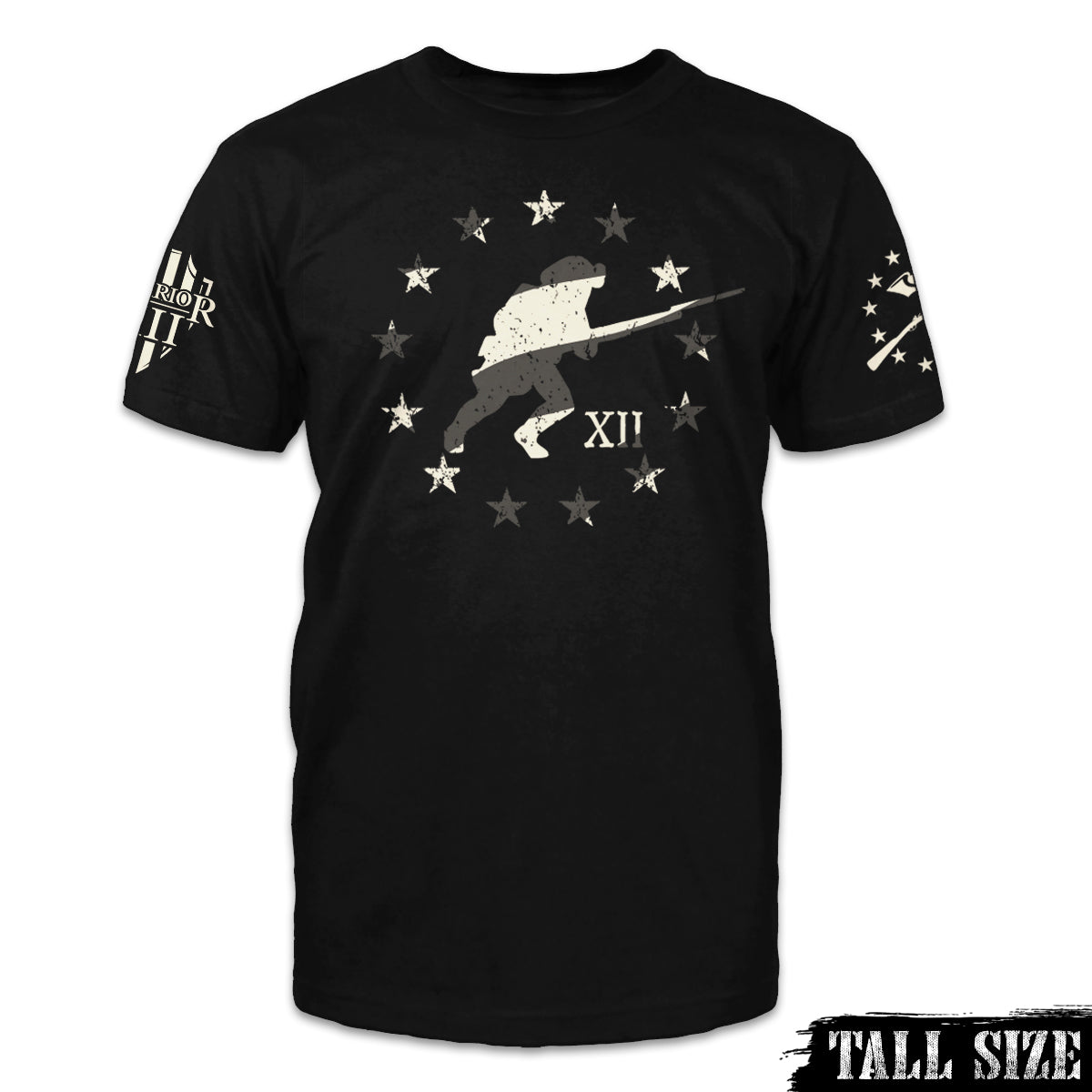 A black tall size shirt with a soldier running with stars around him in a circle printed on the front of the shirt.