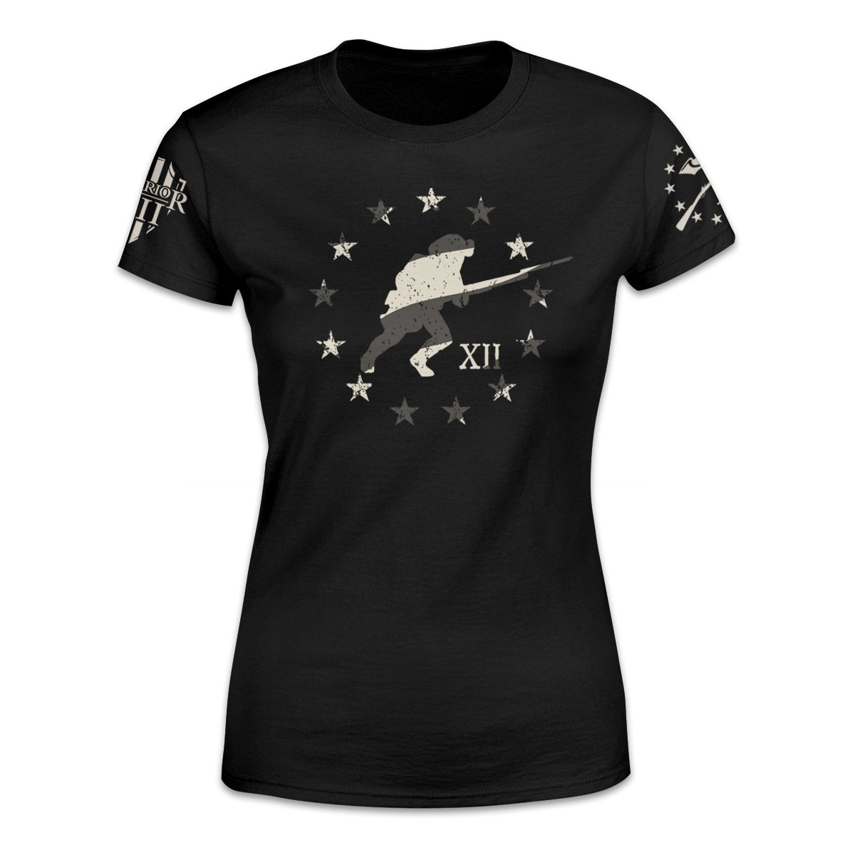 A black women's relaxed fit shirt with a soldier running with stars around him in a circle printed on the front of the shirt.