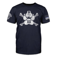A navy blue t-shirt with a dogs paw printed across the front.