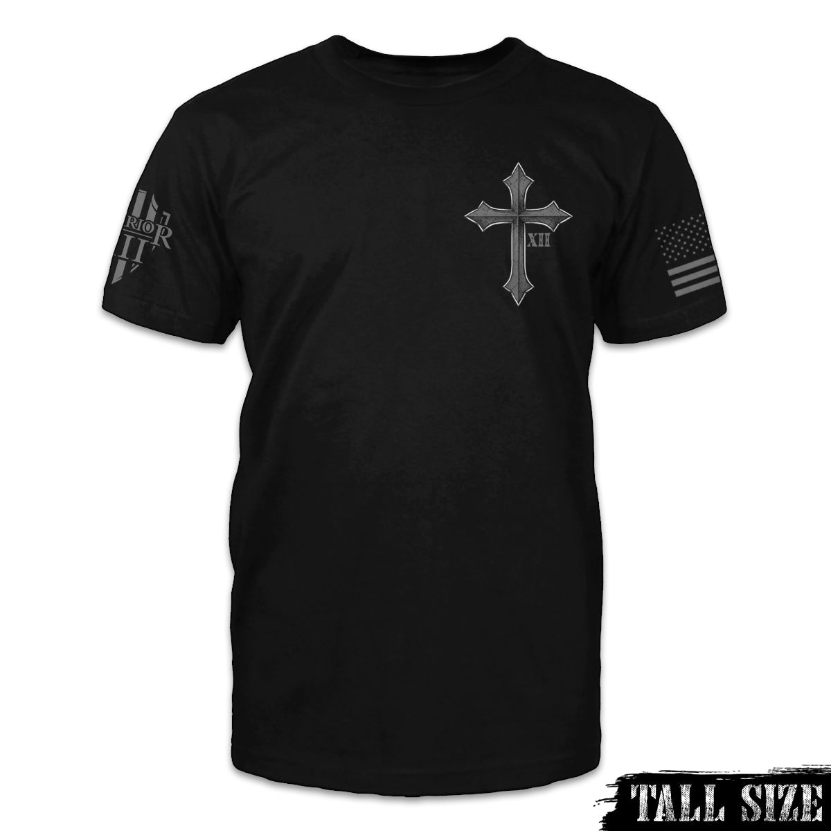 A black tall size shirt with a cross and roman numerals XII printed on the front of the shirt.