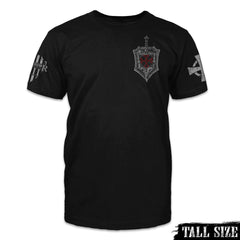 A black tall size shirt with the knights templar shield printed on the front.