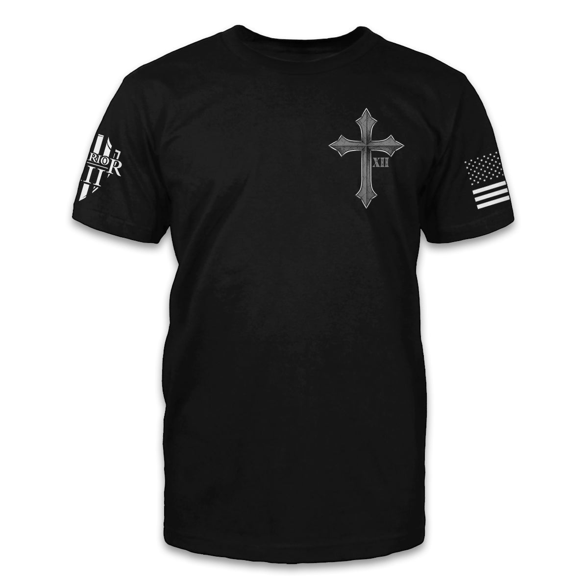 A black t-shirt with a cross and roman numerals XII printed on the front of the shirt.