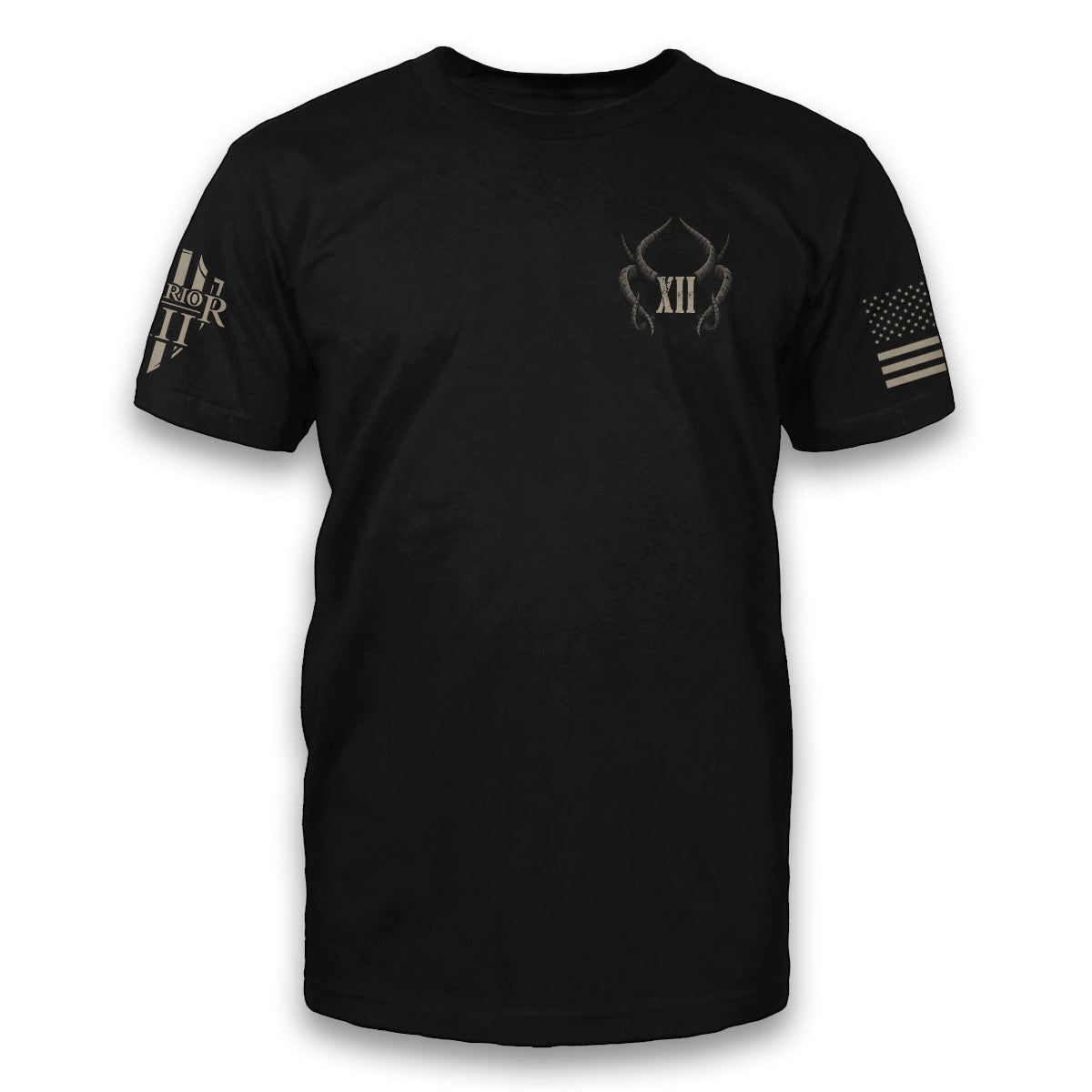 A black t-shirt with roman numerals XII and horns coming out of it printed on the front.