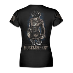 A black women's relaxed fit with the words "I'm your Huckleberry" with a cowboy printed on the back of the shirt.