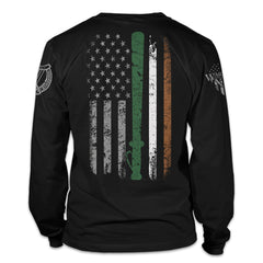 A black long sleeve shirt which features St. Patrick's Irish Police Flag printed on the back of the  shirt.