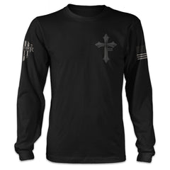 A black long sleeve shirt with a cross with XII printed on the front.