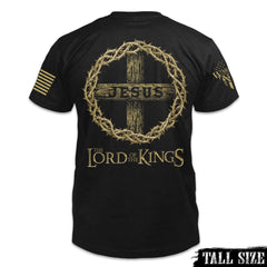A black tall size shirt with the words "Jesus - The Lord of the Kings" with a reef printed on the back of the shirt.