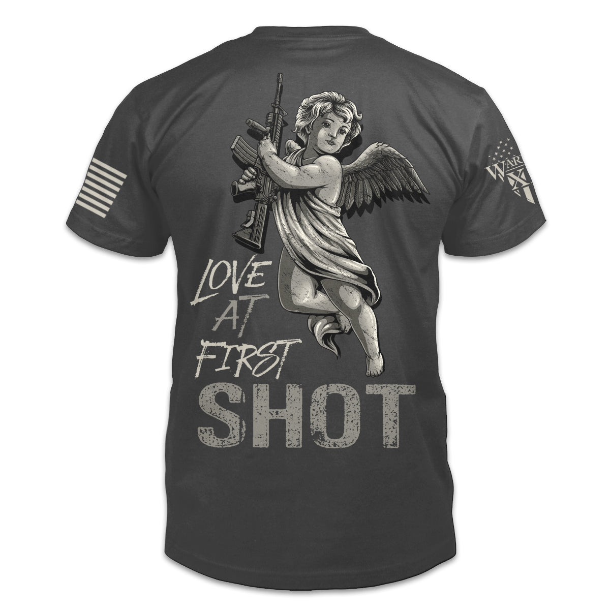 The back of a dark grey t-shirt with the words "Love at first shot" printed on the back with an image of cupid holding a rifle.