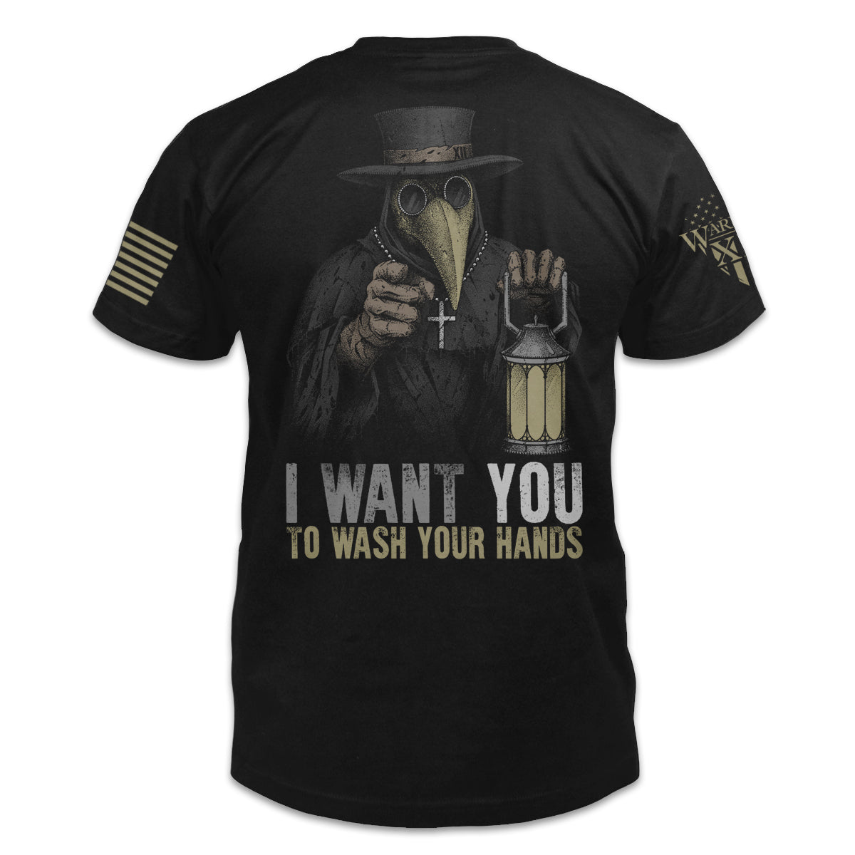 A black t-shirt with the words "I want YOU to wash your hands" with a plague doctor pointing at you printed on the back of the shirt.
