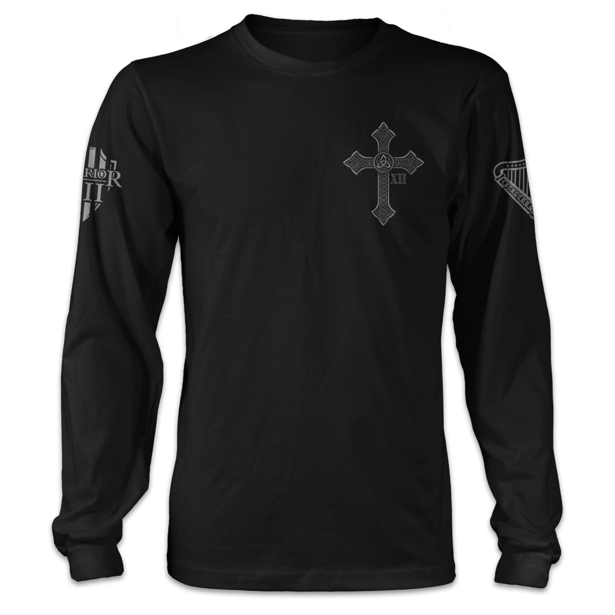 A black long sleeve shirt with across printed on the front of the shirt.