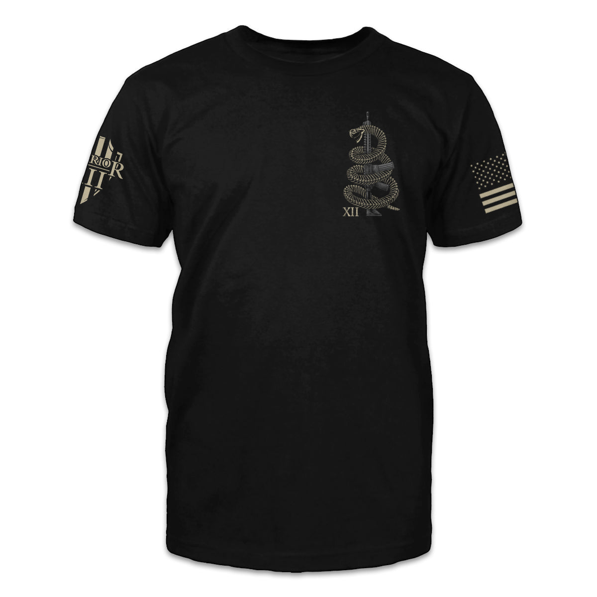 A black t-shirt with a coiled rattlesnake around a gun printed on the front of the shirt.