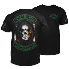 Front and back black t-shirt with the words "Sons of Ireland - American Chapter" with a hooded irish skeleton with an American flag behind printed on the shirt.