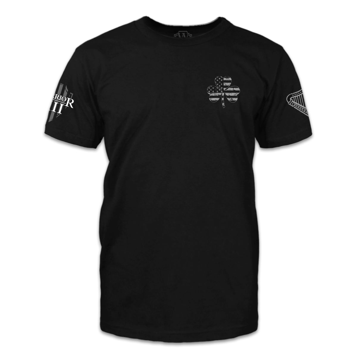 A black t-shirt with a clover printed on the front of the shirt.