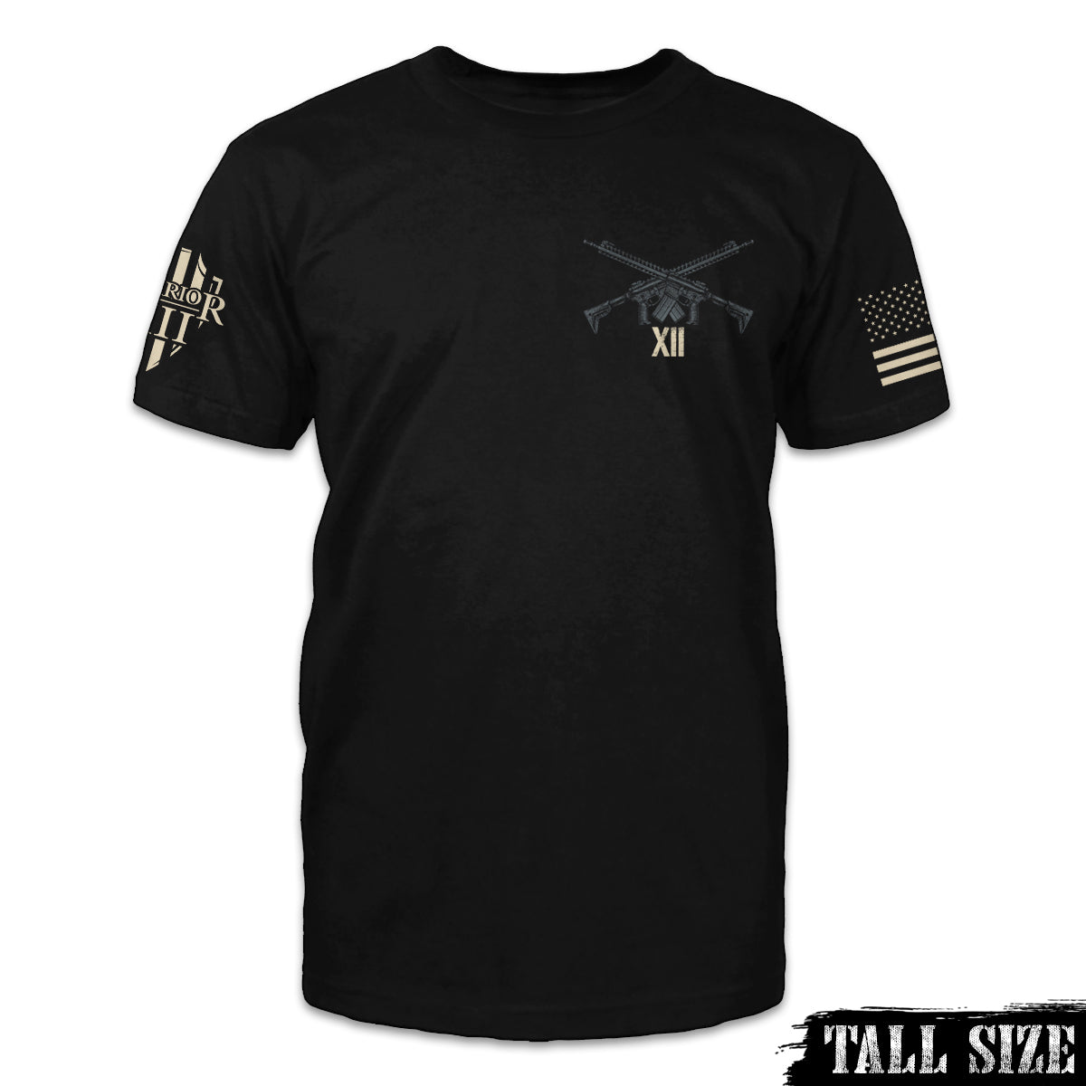 A black tall size shirt with two AR15's crossed over printed on the front of the shirt.
