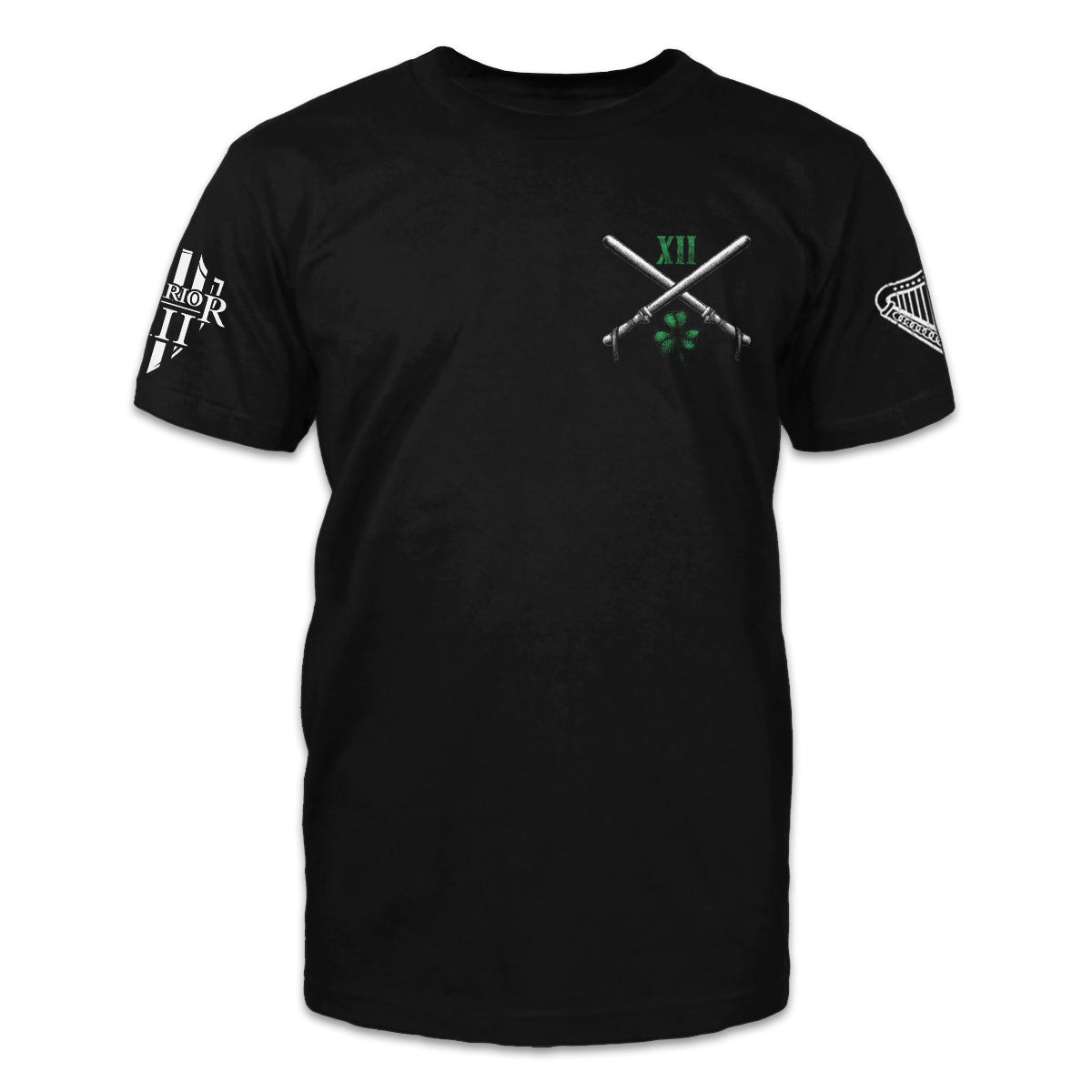 A black t-shirt with two batons crossed and XII printed on the front.