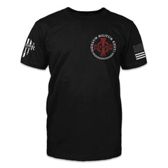 A black t-shirt with a red crusader cross printed on the front.