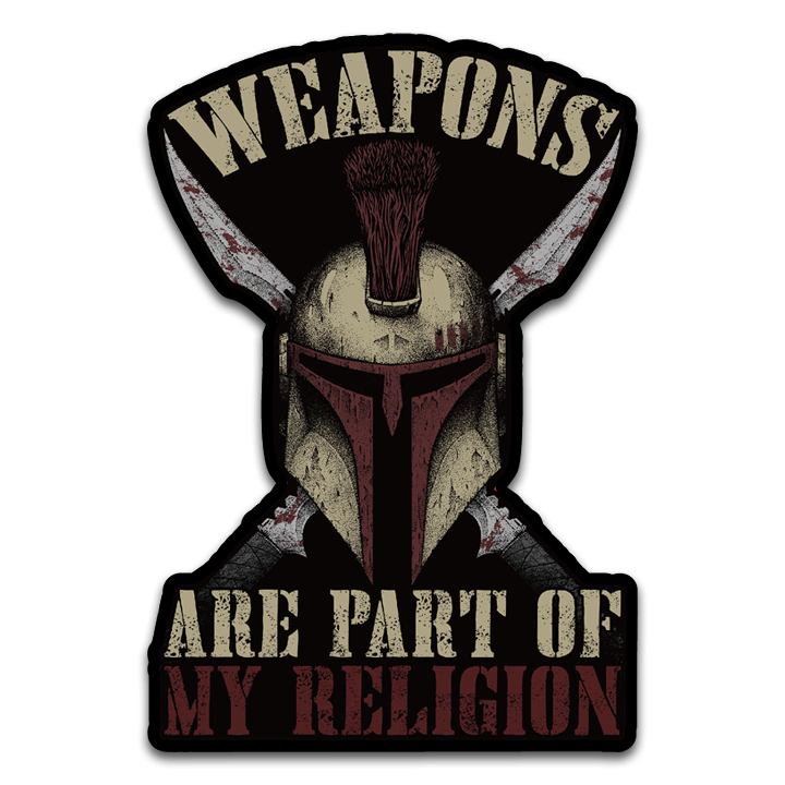 A decal with the words "Weapons are part of my religion" with a spartan helmet.