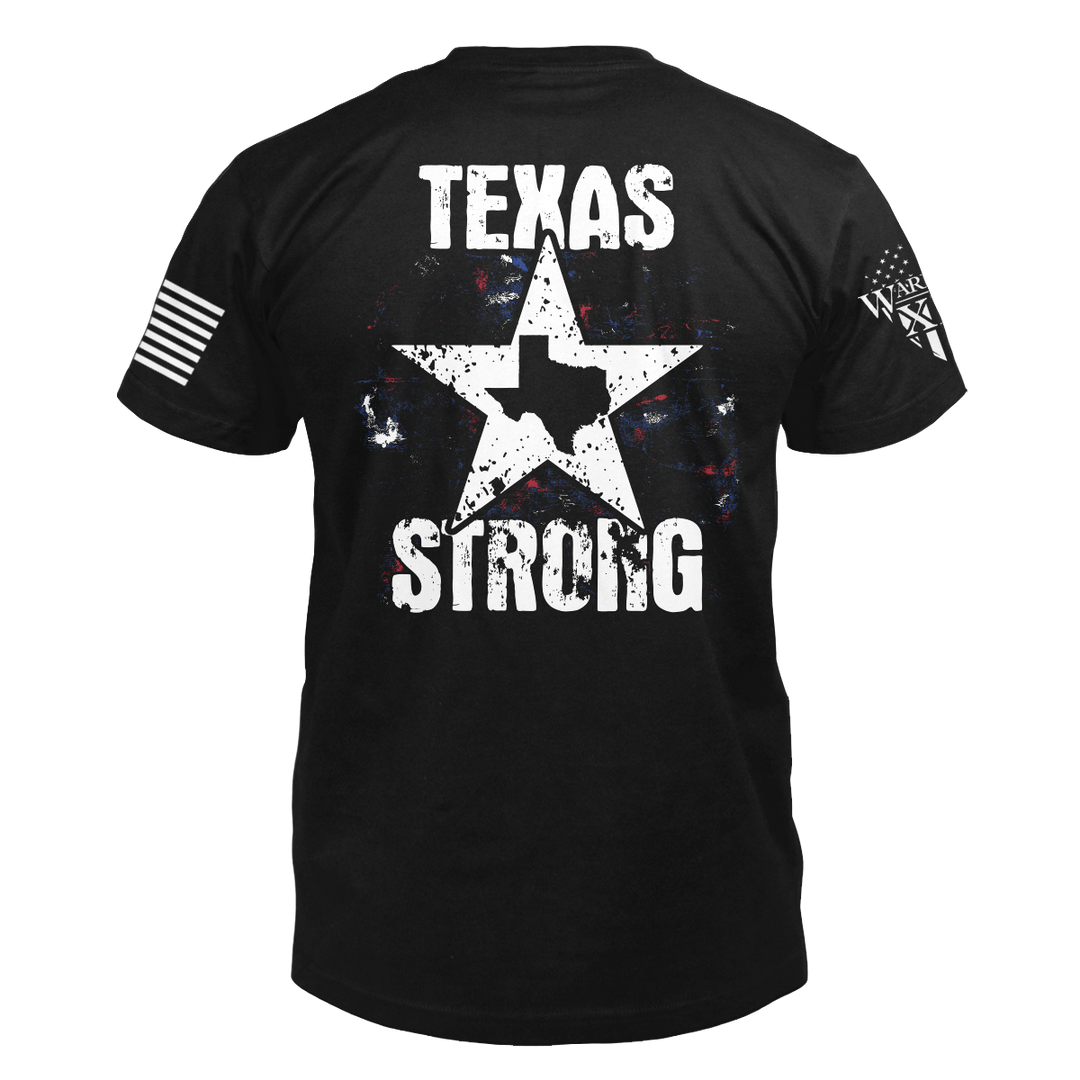 The back of "Texas strong" featuring the main design of, A lone star with the lone star state within the star with the words Texas strong on the top and bottom.