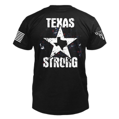 The back of "Texas strong" featuring the main design of, A lone star with the lone star state within the star with the words Texas strong on the top and bottom.
