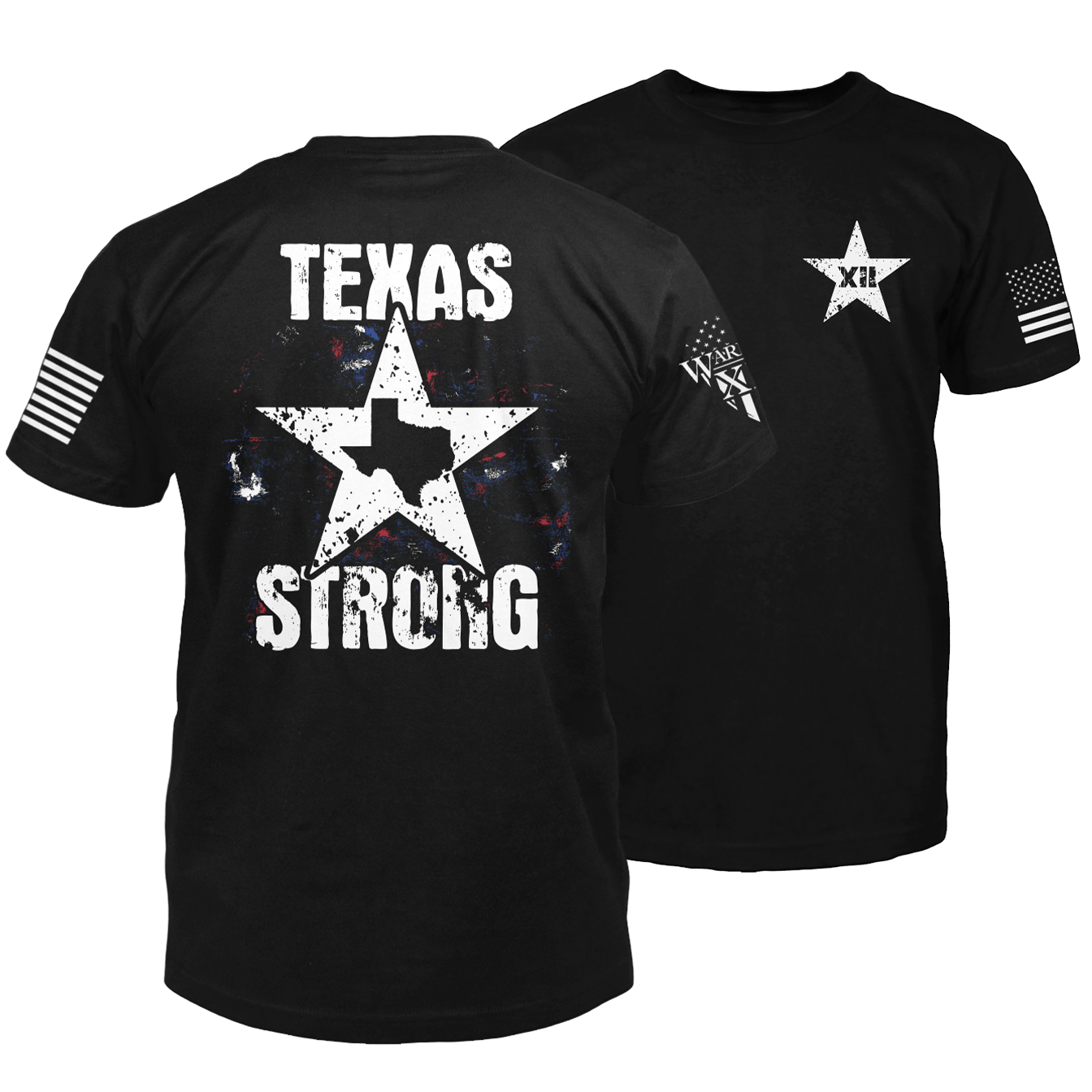 "Texas Strong" is printed on a Black t-shirt with the main design printed on the back and a small print on the front left chest.  This shirt features our brand logo on the right sleeve and the American Flag on the left sleeve.