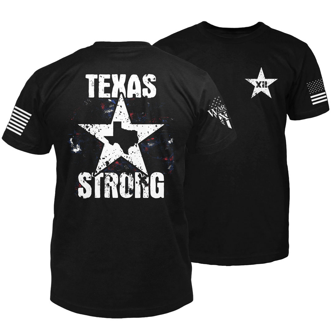 "Texas Strong" is printed on a Black t-shirt with the main design printed on the back and a small print on the front left chest.  This shirt features our brand logo on the right sleeve and the American Flag on the left sleeve.