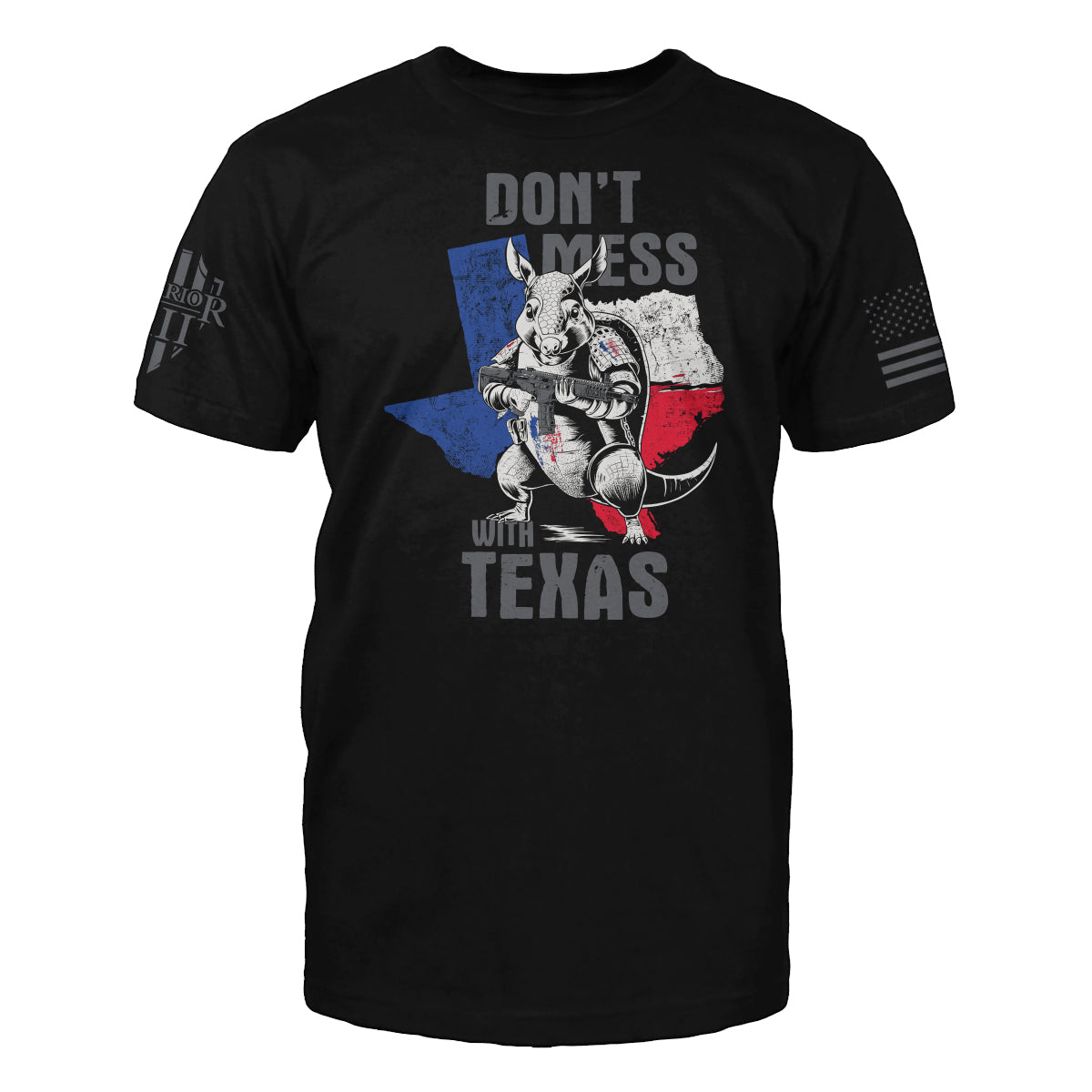 "Don't Mess With Texas" is printed on a Black t-shirt with the main design printed on the the front and the back of this t-shirt has no printing. This shirt features our brand logo on the right sleeve and the American Flag on the left sleeve.