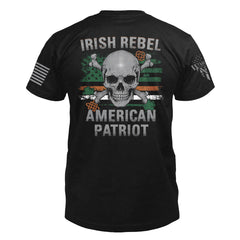 The back of "Irish Rebel" featuring the main design of, Our Irish Rebel design has an American flag with the colors being green, orange, and white, with a skull and cross bones, as well as the saying Irish Rebel American Patriot.