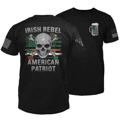 "Irish Rebel" is printed on a Black t-shirt with the main design printed on the back and a small print on the front left chest.  This shirt features our brand logo on the right sleeve and the American Flag on the left sleeve.
