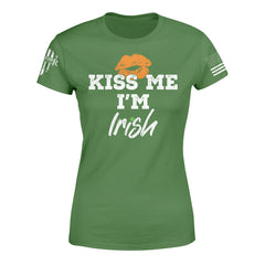 Kiss Me is printed on a green t-shirt with the main design printed on the the front and the back of this t-shirt has no printing.  This shirt features our brand logo on the right sleeve and the American Flag on the left sleeve.